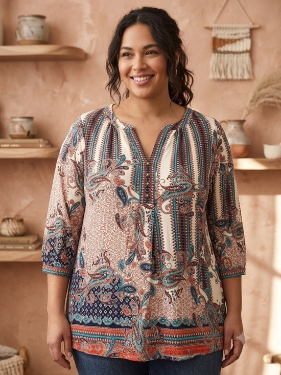 Rose & Olive Tops - Rose + Olive Women 1X Paisley Henley Tunic Top Boho Stretch 3/4 Sleeve Blouse
